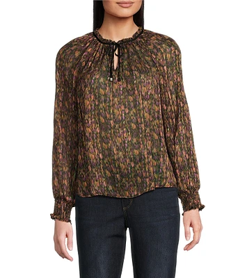 Democracy Woven Geo Print Ruffled Split V-Neck Long Smocked Sleeve Top