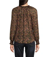 Democracy Woven Geo Print Ruffled Split V-Neck Long Smocked Sleeve Top