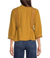 Democracy Woven High Neck 3/4 Sleeve Crochet Lace Peplum Woven Top