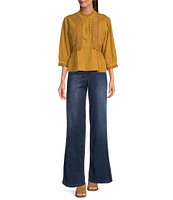 Democracy Woven High Neck 3/4 Sleeve Crochet Lace Peplum Woven Top