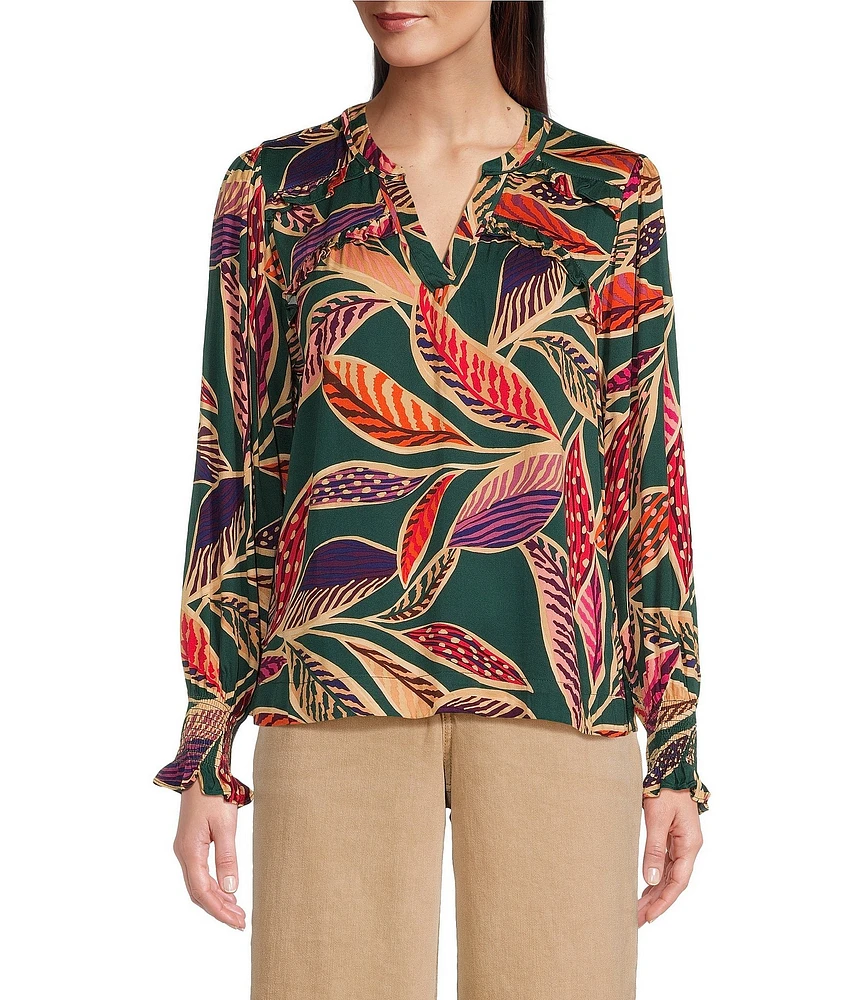 Democracy Woven Leaf Print Double Ruffle Yoke Notch V-Neck Long Sleeve Top