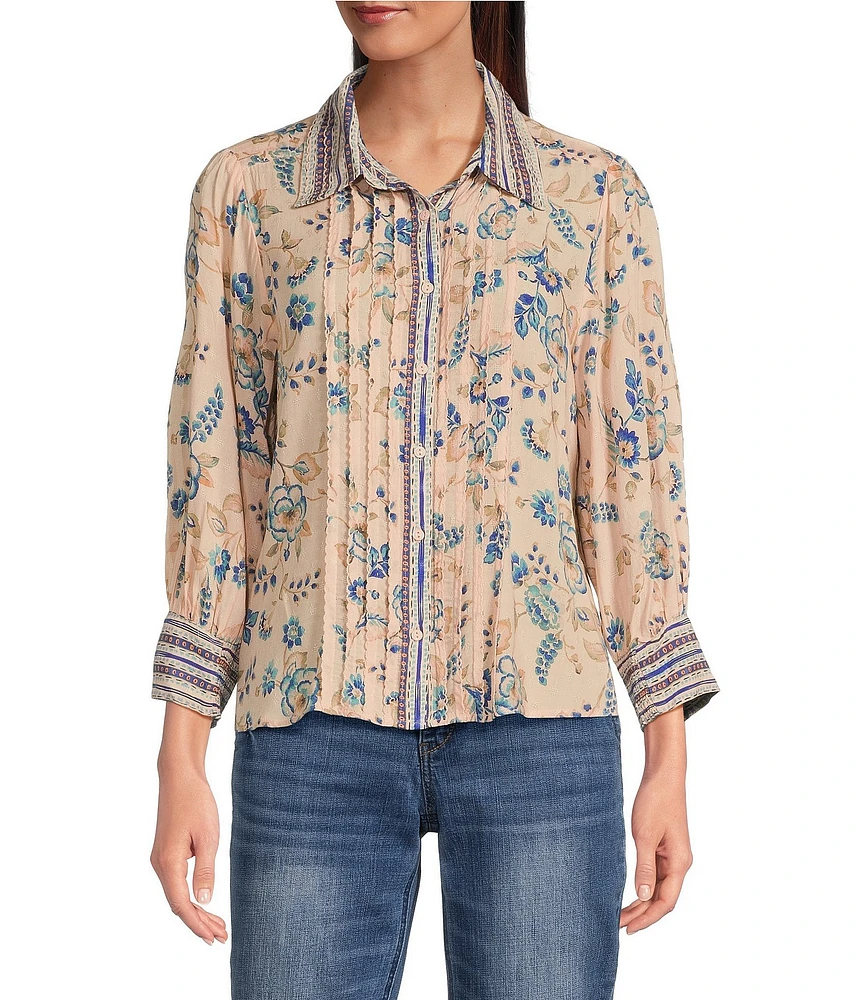 Democracy Woven Printed Spread Collar 3/4 Sleeve Pintuck Detail Button Front Shirt