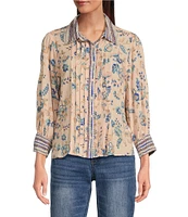 Democracy Woven Printed Spread Collar 3/4 Sleeve Pintuck Detail Button Front Shirt