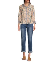 Democracy Woven Printed Spread Collar 3/4 Sleeve Pintuck Detail Button Front Shirt