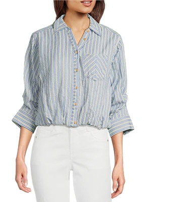Democracy Woven Spliced Stripe Point Collar 3/4 Tucked Sleeve Button Front Shirt