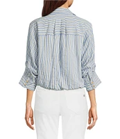 Democracy Woven Spliced Stripe Point Collar 3/4 Tucked Sleeve Button Front Shirt