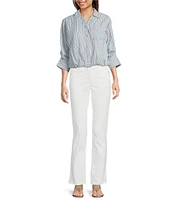 Democracy Woven Spliced Stripe Point Collar 3/4 Tucked Sleeve Button Front Shirt