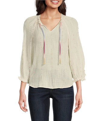 Democracy Woven Split V-Neck 3/4 Blouson Sleeve Crochet Edge Woven Top