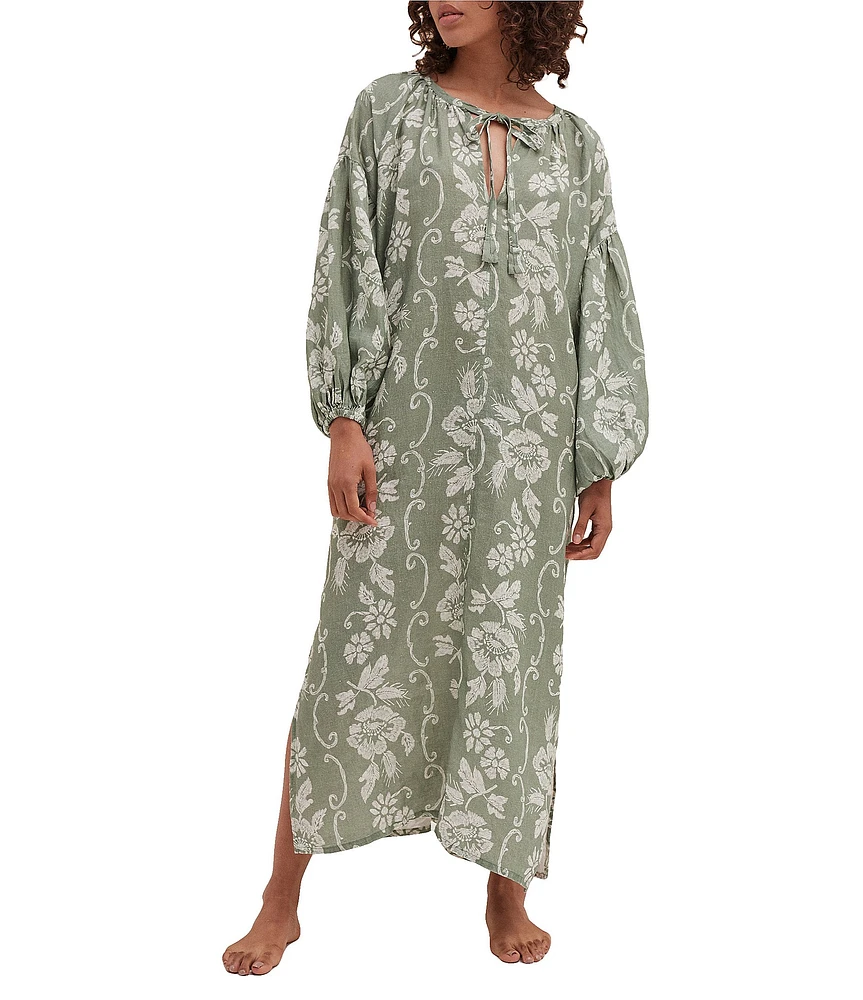 Desmond & Dempsey Dorothea Linen Floral Long Sleeve Blouson Caftan