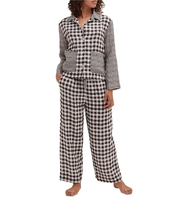 Desmond & Dempsey Long Sleeve Notch Collar Woven Linen Gingham Pajama Set