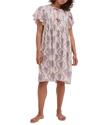 Desmond & Dempsey Woven Alpen Floral Short Sleeve Round Neck Nightgown