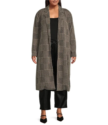 Dex Clothing Plus Long Sleeve Houndstooth Plaid Knit Coat