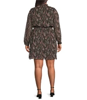 Dex Clothing Plus Long Sleeve Paisley Printed Smocked Mini Dress