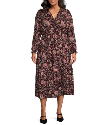 Dex Clothing Plus Long Sleeve Printed Faux Wrap Midi Dress