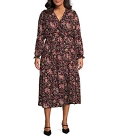 Dex Clothing Plus Long Sleeve Printed Faux Wrap Midi Dress