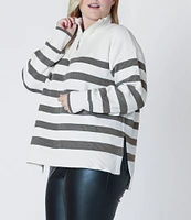 Dex Clothing Plus Long Sleeve Striped/Solid Quarter-Zip Sweater