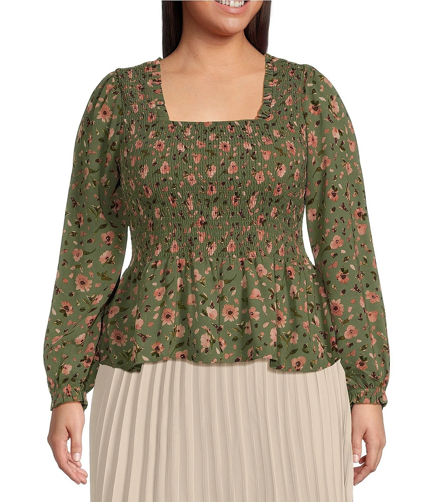 Dex Clothing Plus Size Long Sleeve Floral Printed Smocked Woven Top