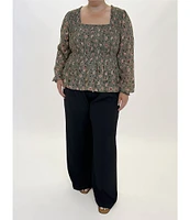 Dex Clothing Plus Size Long Sleeve Floral Printed Smocked Woven Top