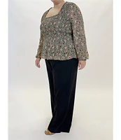 Dex Clothing Plus Size Long Sleeve Floral Printed Smocked Woven Top