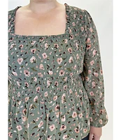 Dex Clothing Plus Size Long Sleeve Floral Printed Smocked Woven Top