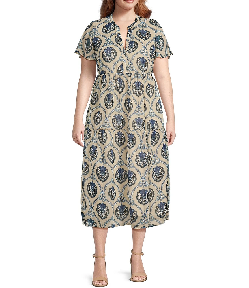 Dex Clothing Plus Size Medallion Printed Short Sleeve Midi Shirt Dress