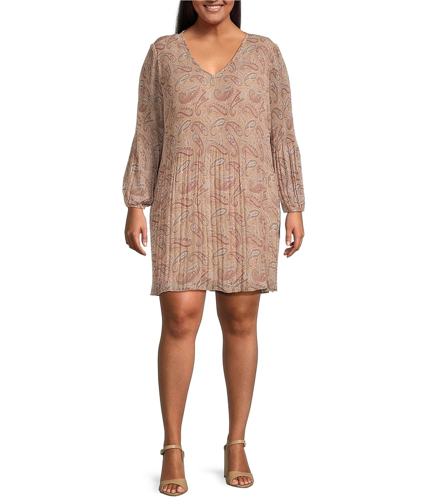 Dex Plus Paisley Printed Long Sleeve Pleated A-Line Dress
