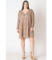 Dex Plus Paisley Printed Long Sleeve Pleated A-Line Dress