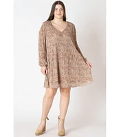 Dex Plus Paisley Printed Long Sleeve Pleated A-Line Dress