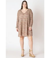 Dex Plus Paisley Printed Long Sleeve Pleated A-Line Dress
