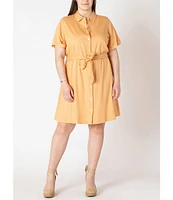Dex Plus Short Sleeve Belted Linen-Blend Mini Shirtdress