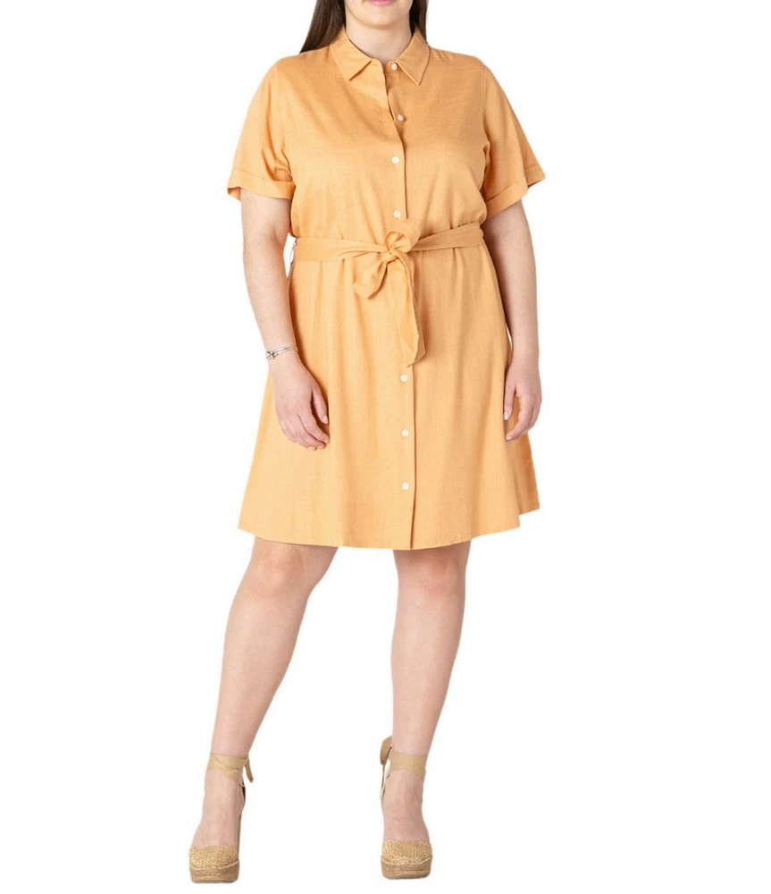 Dex Plus Short Sleeve Belted Linen-Blend Mini Shirtdress
