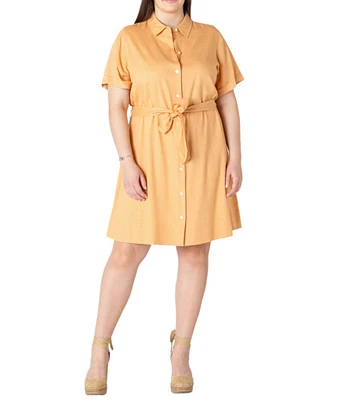Dex Plus Short Sleeve Belted Linen-Blend Mini Shirtdress