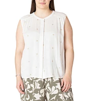 Dex Plus Sleeveless Button Front Embroidered Top