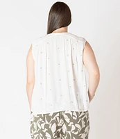 Dex Plus Sleeveless Button Front Embroidered Top