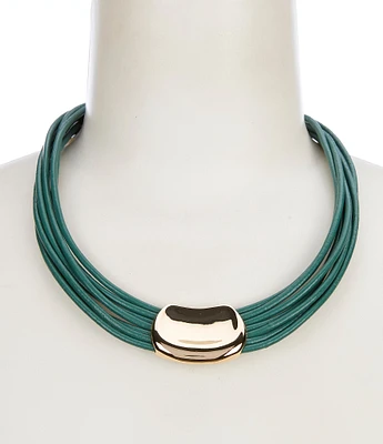 Dillard's Polished Metal Green Leather Multi Row Collar Necklace