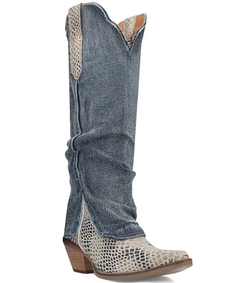 Dingo Shabby Denim Snake Embossed Western Boots