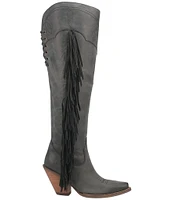 Dingo Sky High Over The Knee Distressed Leather Fringe Western Boots