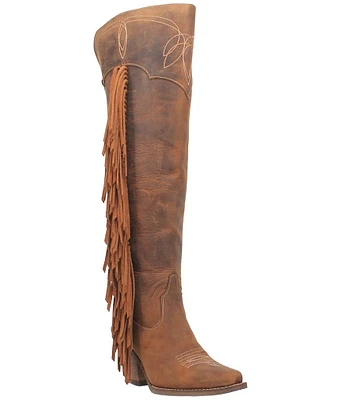 Dingo Sky High Over The Knee Distressed Leather Fringe Western Boots