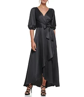 DKNY by Donna Karan 3/4 Balloon Sleeve Surplice V-Neck Faux Wrap Gown