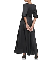 DKNY by Donna Karan 3/4 Balloon Sleeve Surplice V-Neck Faux Wrap Gown