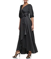 DKNY by Donna Karan 3/4 Balloon Sleeve Surplice V-Neck Faux Wrap Gown