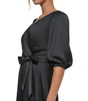 DKNY by Donna Karan 3/4 Balloon Sleeve Surplice V-Neck Faux Wrap Gown