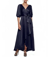 DKNY by Donna Karan 3/4 Balloon Sleeve Surplice V-Neck Faux Wrap Gown