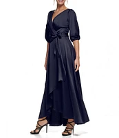 DKNY by Donna Karan 3/4 Balloon Sleeve Surplice V-Neck Faux Wrap Gown