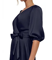 DKNY by Donna Karan 3/4 Balloon Sleeve Surplice V-Neck Faux Wrap Gown