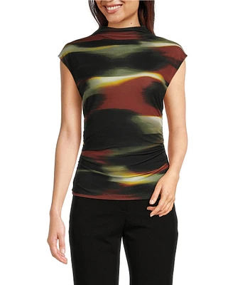 DKNY by Donna Karan Abstract Print Jersey Sleeveless Funnel Neck Ruched Top