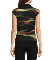 DKNY by Donna Karan Abstract Print Jersey Sleeveless Funnel Neck Ruched Top