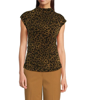 DKNY by Donna Karan Animal Print Jersey Sleeveless Funnel Neck Ruched Top