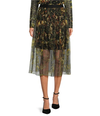 DKNY by Donna Karan Animal Print Tulle Overlay A-Line Midi Skirt