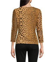 DKNY by Donna Karan Animal Printed Mesh 3/4 Sleeve Faux Wrap Top